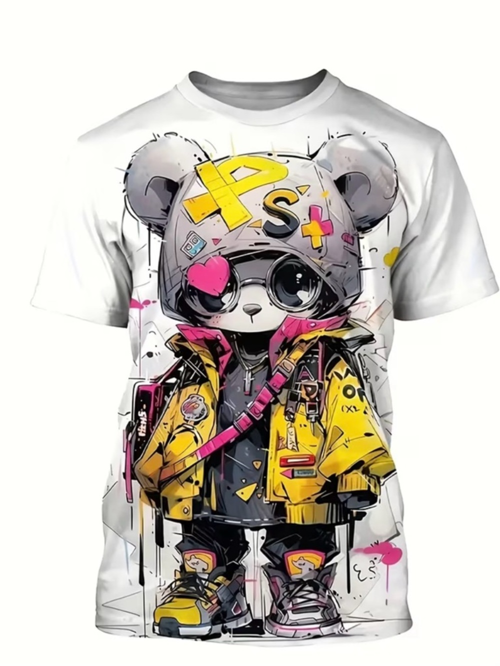 Mens  Graphic T-Shirt - White with Yellow & Pink Panda - XL